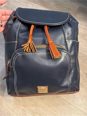 Dooney & Bourke Navy Leather Drawstring Backpack with Caramel Trim